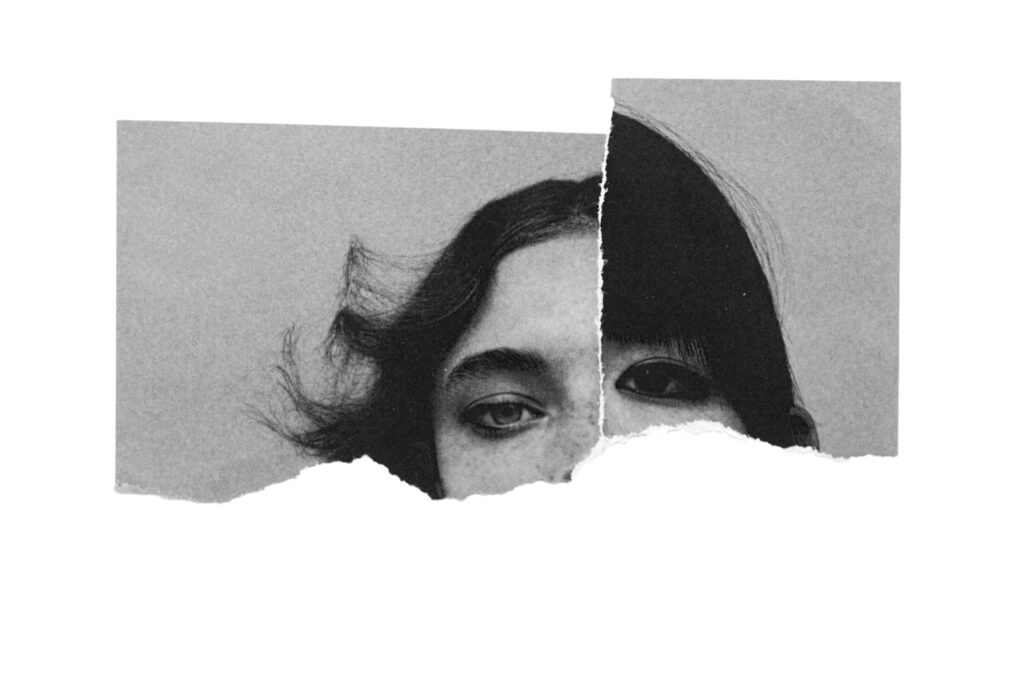 zipwp-image-8714672 Creative collage of torn paper showing a woman's eyes in monochrome.
